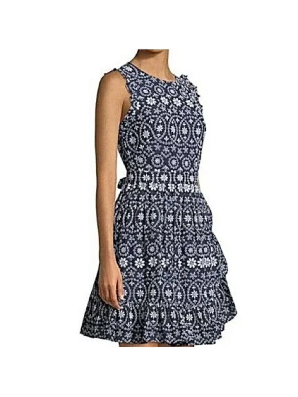 Kate Spade New York Sleeveless Navy and White Floral Eyelet Pattern Dress Sz 0